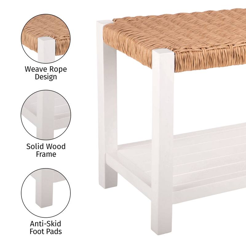Newport 40" Wood Storage Bench with Handcrafted Woven Rope Seat, White