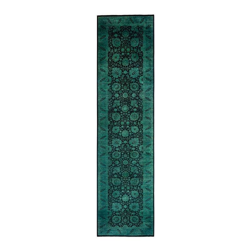 Overton Hand Knotted Wool Vintage Inspired Modern Contemporary Overdyed Green Runner Rug - 3' 0" x 12' 6"