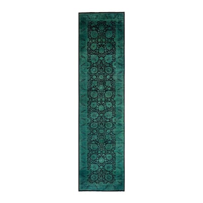 Overton Hand Knotted Wool Vintage Inspired Modern Contemporary Overdyed Green Runner Rug - 3' 0" x 12' 6"