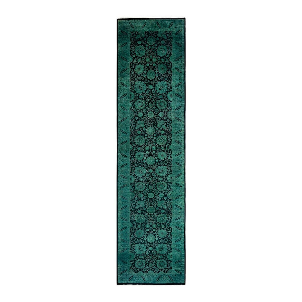 Overton Hand Knotted Wool Vintage Inspired Modern Contemporary Overdyed Green Runner Rug - 3' 0" x 12' 6"