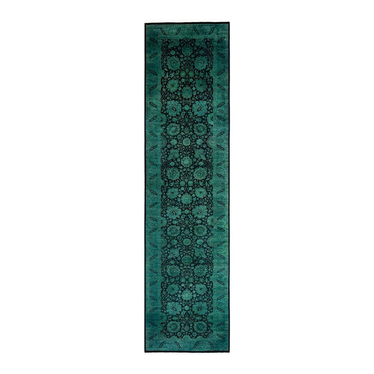 Overton Hand Knotted Wool Vintage Inspired Modern Contemporary Overdyed Green Runner Rug - 3' 0" x 12' 6"