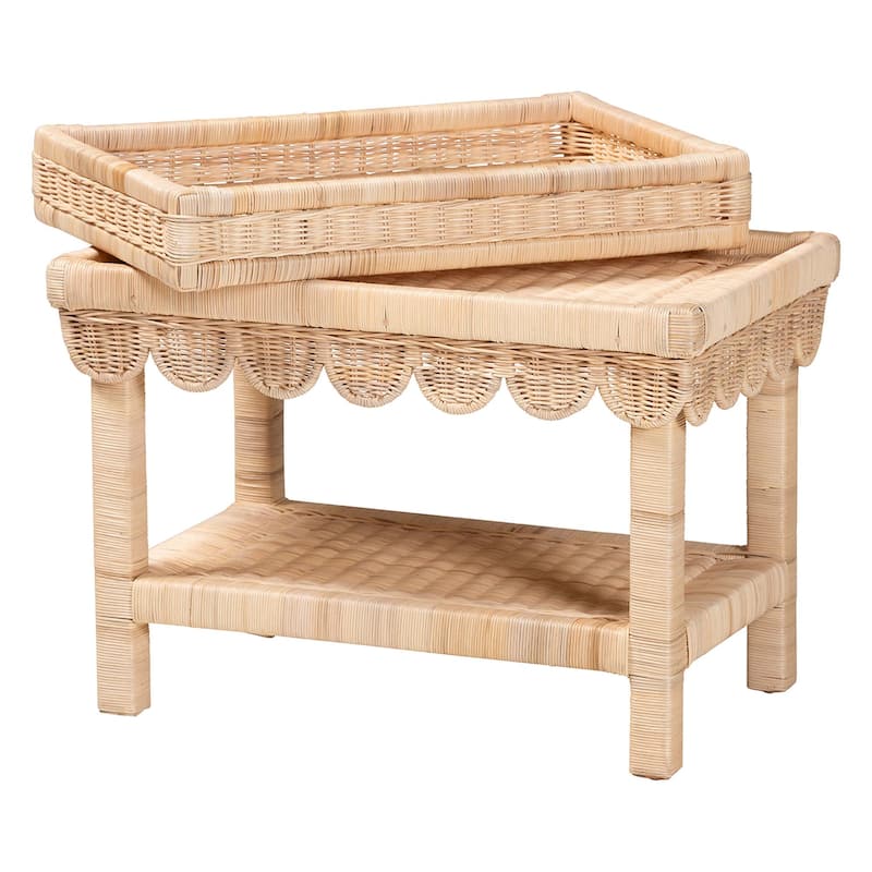 Weyman Scalloped Rattan End Table with Removable Tray Top - Handwoven Rattan Accent Table with Shelf, Coastal Boho Style