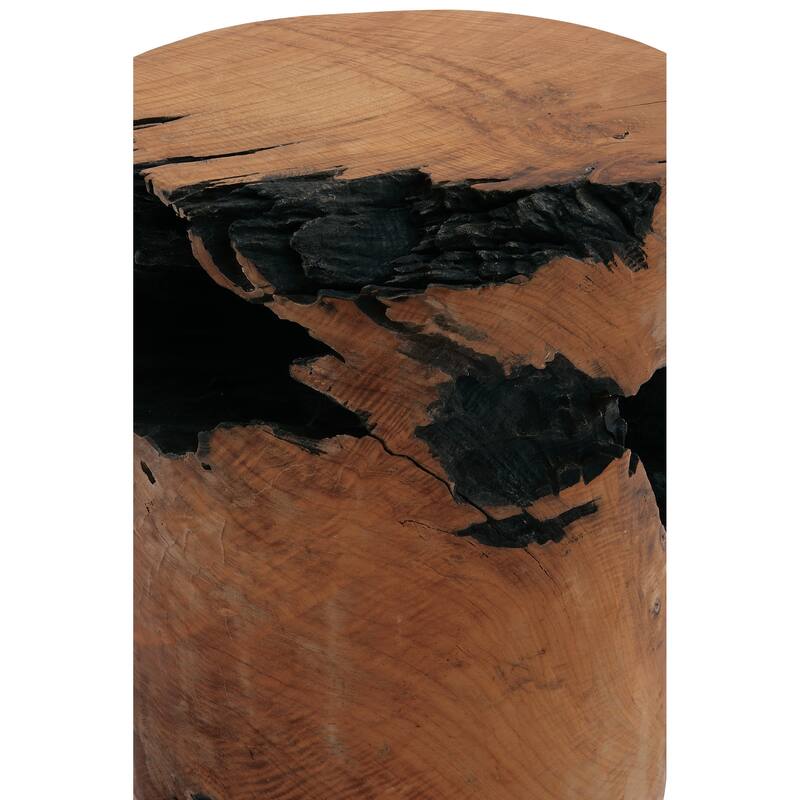 Brown Teak Wood Handmade Live Edge Stump Accent Table with Charred Detailing