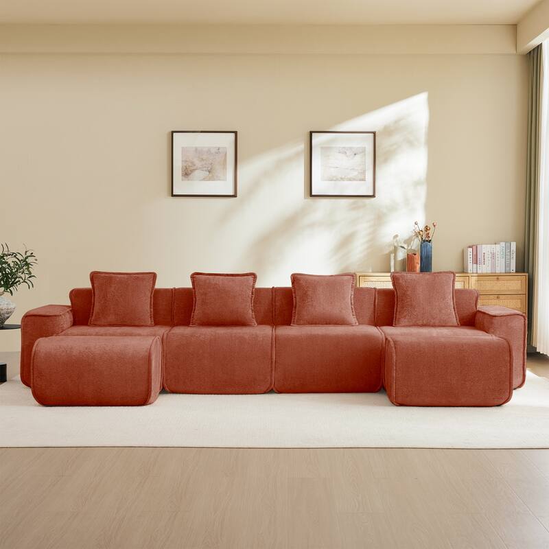 GDFStudio - Velvet Streamlined Modular 4-Seater 138.58" U-Shaped Sectional Sofa with 2 Ottomans