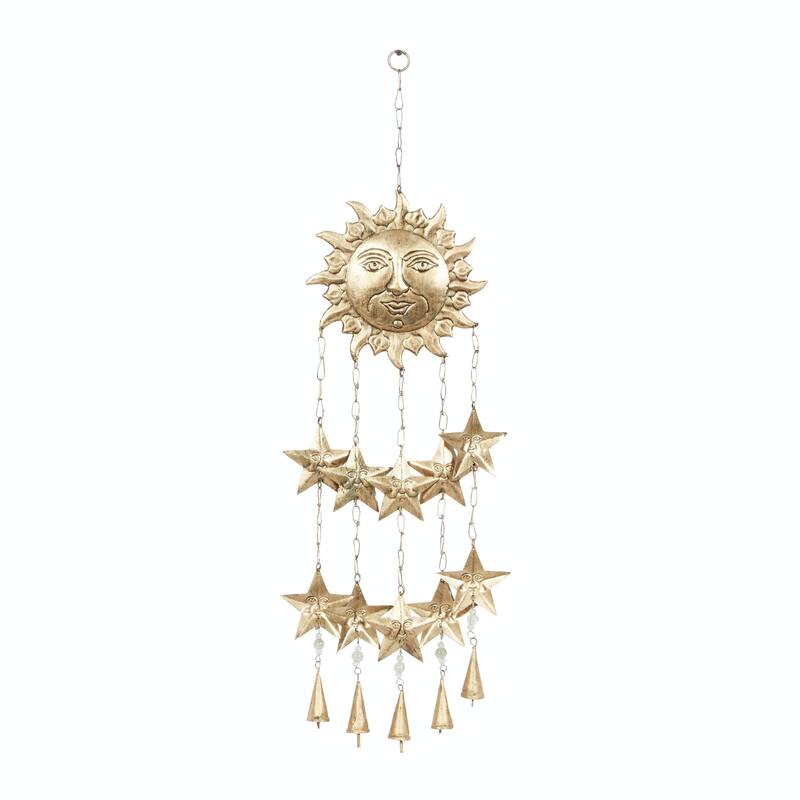Metal Sun and Star Handmade Indoor Outdoor Windchime with Glass Beads and Cone Bells - Gold - Roche River Decor - Gold