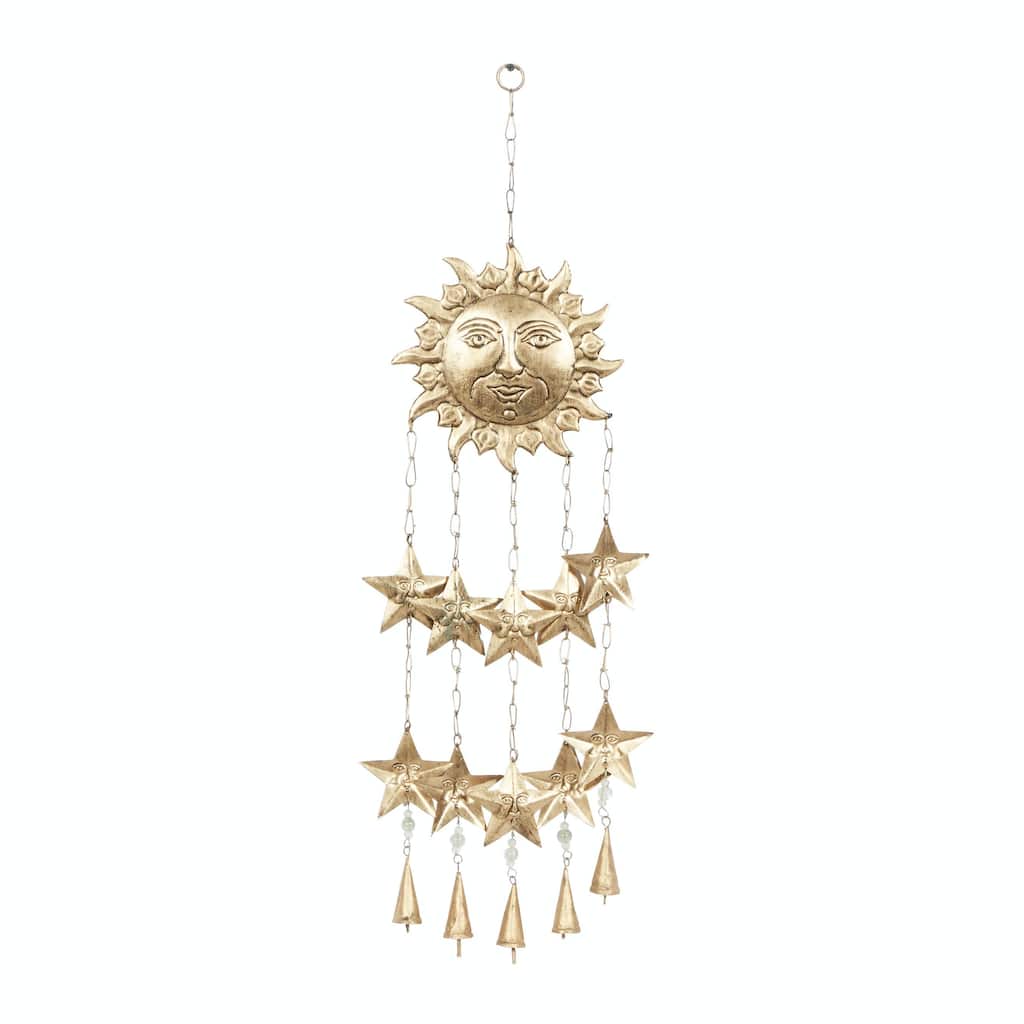 Metal Sun and Star Handmade Indoor Outdoor Windchime with Glass Beads and Cone Bells - Gold - Roche River Decor