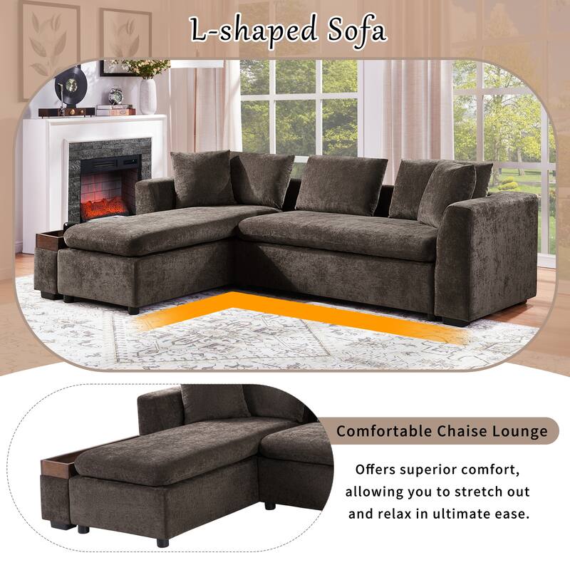 L-Shaped Sectional Sofa with Chaise Lounge, Chenille Upholstered Sleeper Couch with Wooden Storage Compartment & Throw Pillows