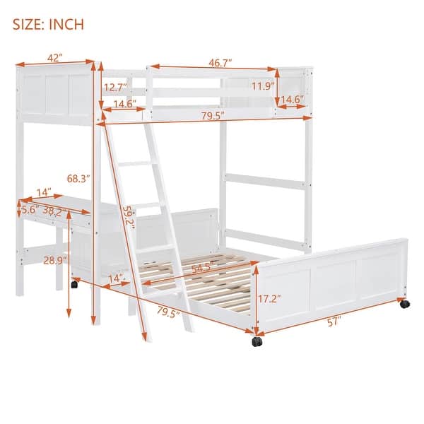dimension image slide 0 of 2, Pine Wood Bunk Bed with Desk and Drawers, Movable Lower Bed, Full-Length Guardrail