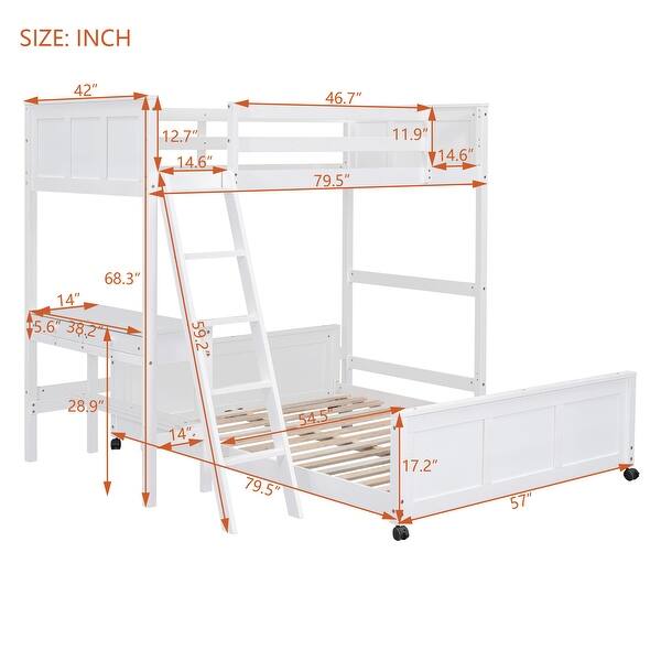 Twin Loft Bed, Full Platform Bed with Wheels, Twin Over Full Bunk Bed with Writing Desk, Ladder, Guardrail and 2 Drawers