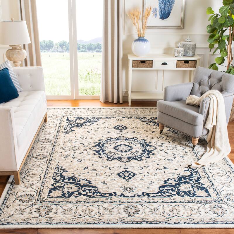 SAFAVIEH Handmade Micro-Loop Dashurie Transitional Medallion Wool Rug- - 8' x 10' - Ivory/Navy