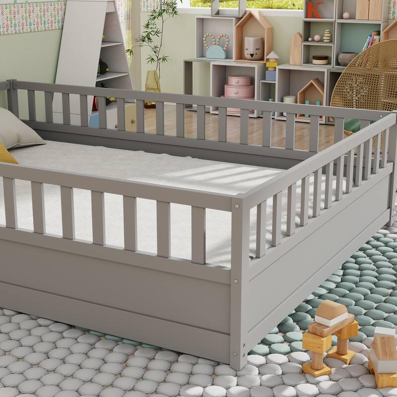 Full Size Wooden Children's Floor Bed with Sturdy Fence, Montessori-Inspired French Pine Bed Frame for Enhanced Safety