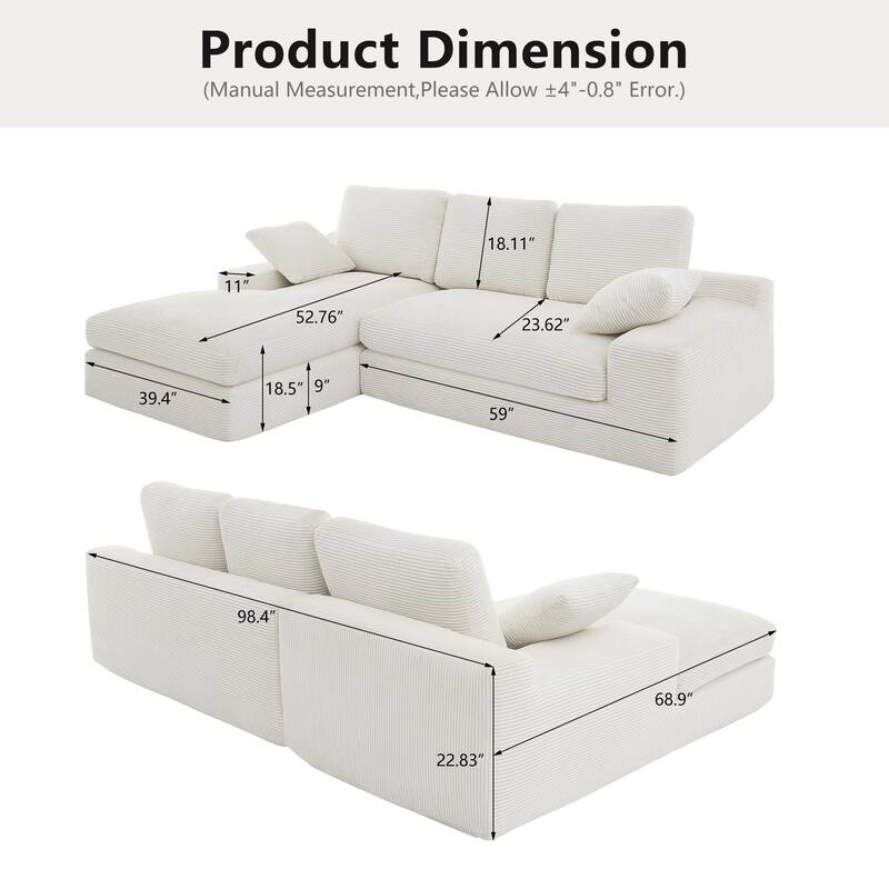 L-shape Corduroy Chaise Sectional Sofa with Thick Cushions and Pillows