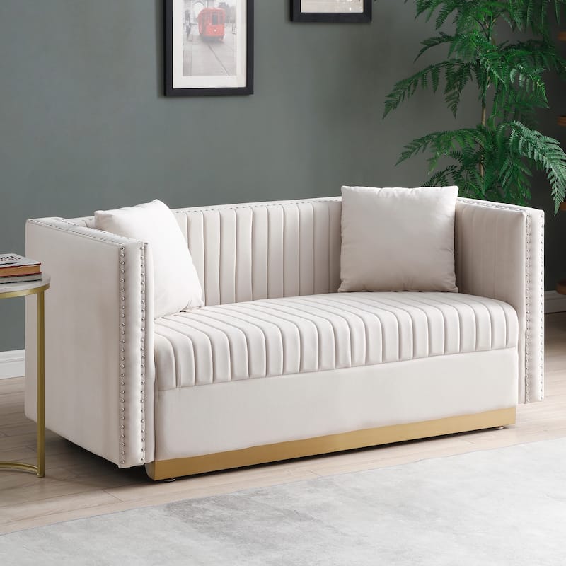 Contemporary Vertical Channel Tufted Velvet Sofa Loveseat Modern Upholstered 2 Seater Couch for Living Room with 2 pillows - Beige