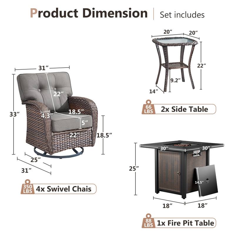 Pocassy Outdoor 30 In Fire Table with Sofa Patio Swivel Chair Set