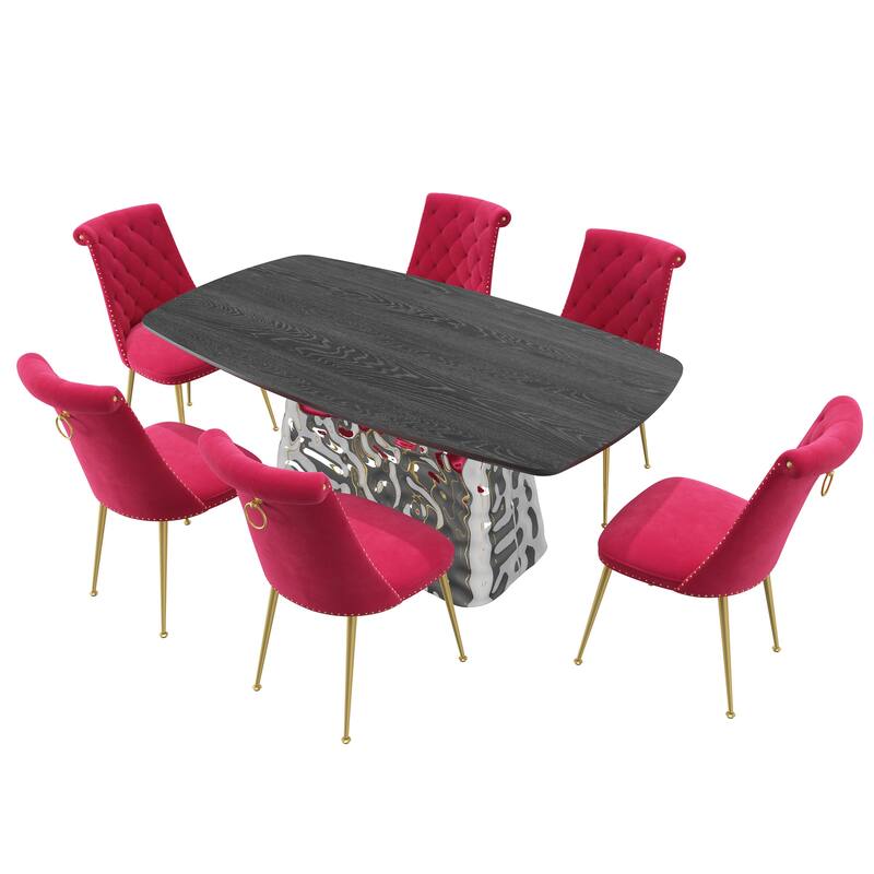 7-Piece Clihome Modern Stainless Steel Table Velvet Chair Dining Set