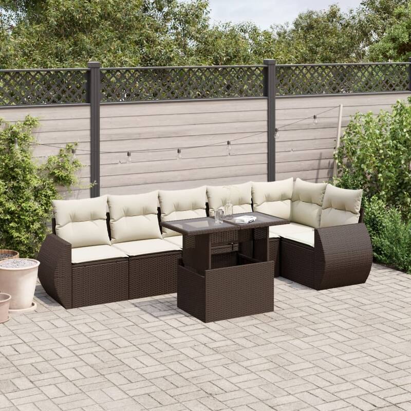 vidaXL Patio Sofa Set with Cushions Outdoor Furniture 7 Piece Poly Rattan - 21.7 x 39.4 x 28.7 - Brown and Cream