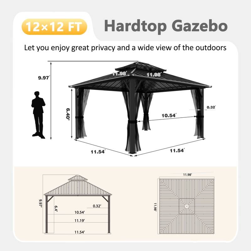 VEIKOUS Aluminum Double Hardtop Gazebo Pergola for Patio, Lawn, and Garden with Removable Netting