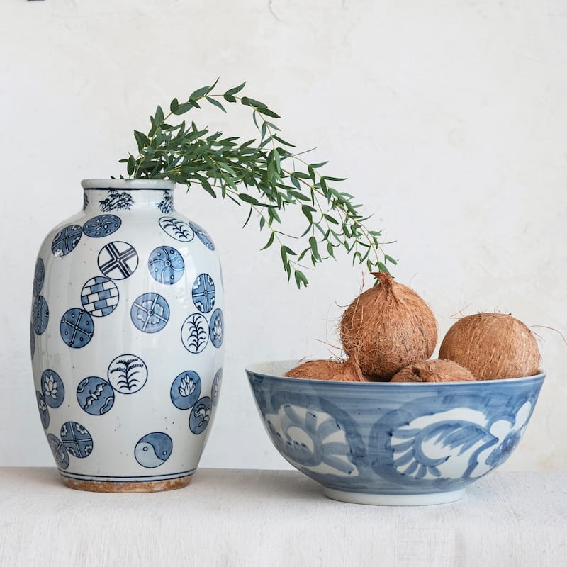 Hand Painted Stoneware Bowl with Floral Design - 14.0"L x 14.0"W x 5.9"H - 14.0"L x 14.0"W x 5.9"H