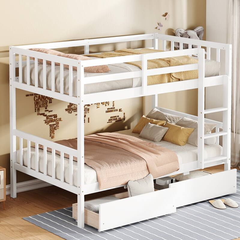 Twin Over Twin Rubber Wood Bunk Bed with 2 Drawers, Convertible into 2 Twin Beds