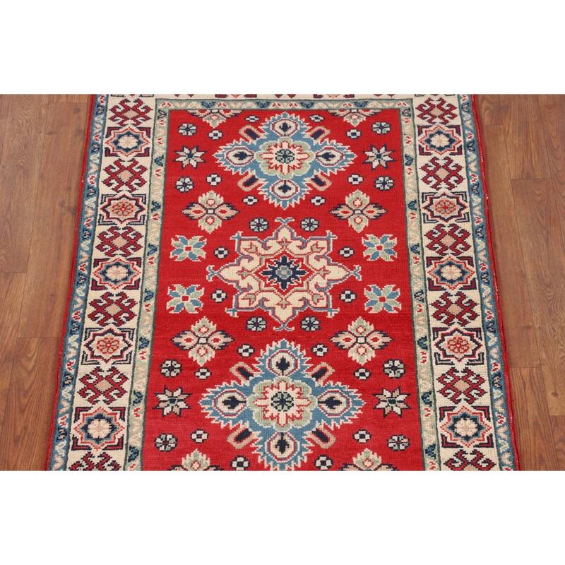 Red Kazak Oriental Accent Rug Handmade Geometric Foyer Wool Carpet - 2'10" x 3'11"