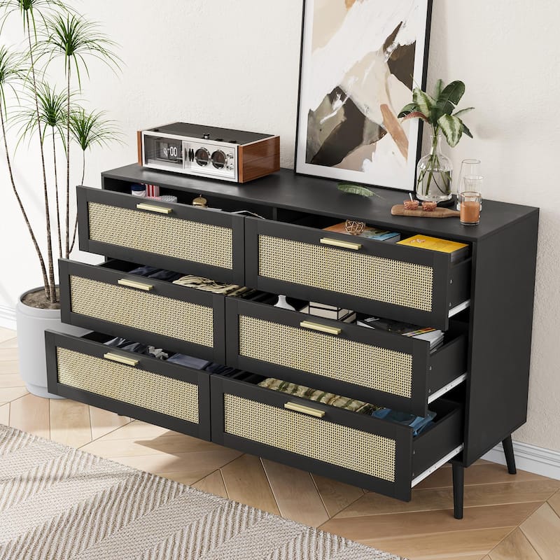 Rattan Doors 6 Drawer Dresser for Bedroom,Chest of Dressers with Gold Handles