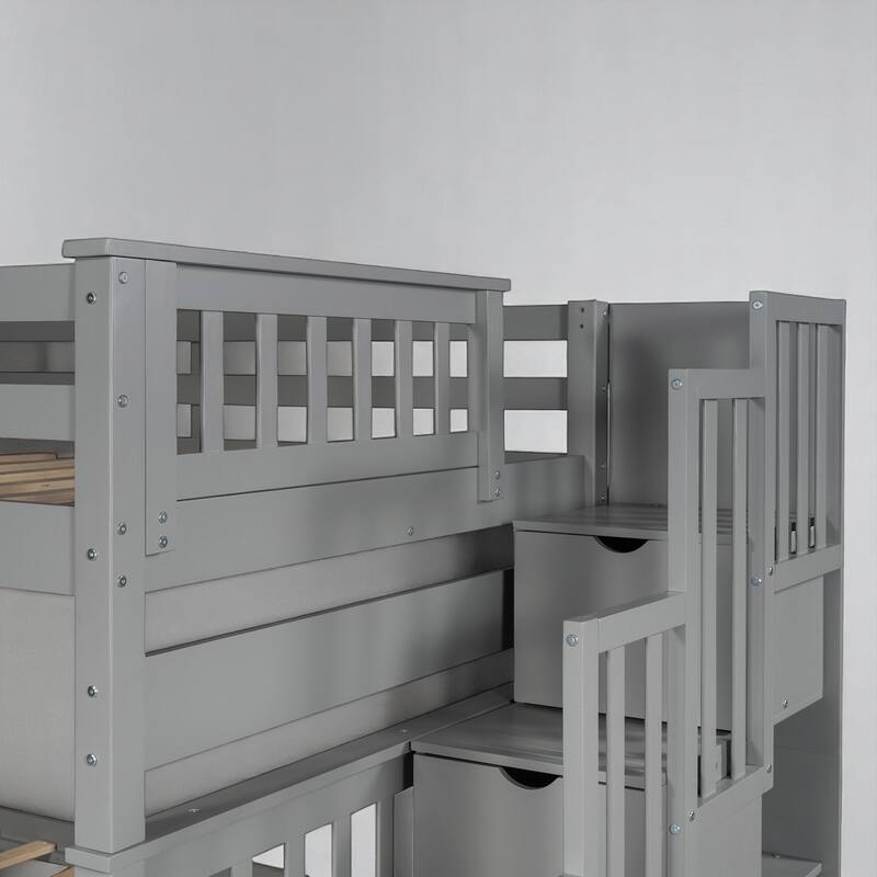 Full Over Full Bunk Bed with Storage Drawers and Shelves, Convertible Staircase Bunk Beds with Guardrails,No Box Spring Required