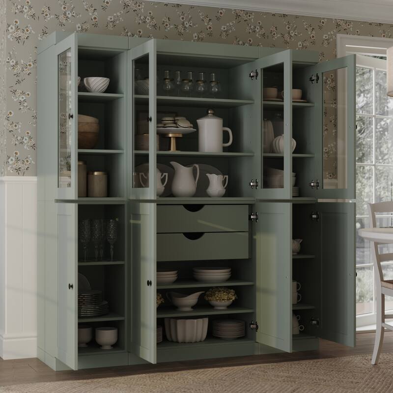Palace Imports 100% Solid Wood 65" Pantry Cabinet with Clear Glass, Shaker Doors, 2-Drawers and Adjustable Shelves - Sage