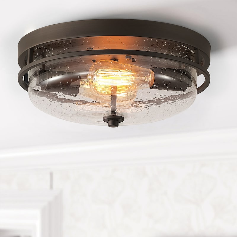 Vintage Oil Rubbed Bronze 2-Light Glass Flush Mount Ceiling Lighting Fixture