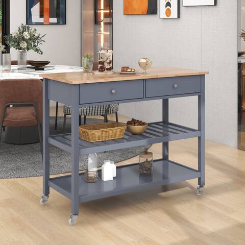 Rolling Kitchen Cart with Solid Wood Top and Locking Wheels - 43.3 x 19.68 x 35.03 inches