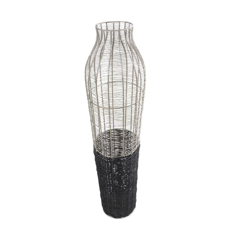 Metal Tall Decorative Vase with Woven Black Rattan Base - Silver - Roche River Decor