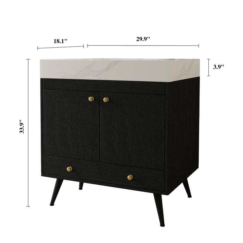Contemporary 30" Freestanding Bathroom Vanity with Faux Marble Top & Ceramic Sink, Double Door Cabinet