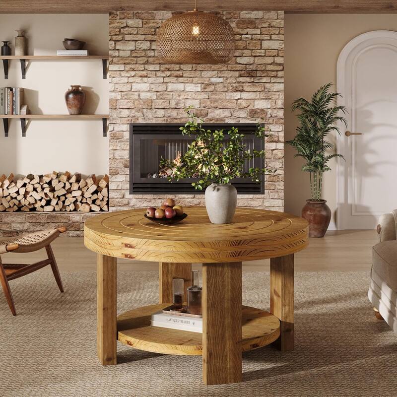 Solid Wood Round Coffee Table Entertainment Center Table for Living