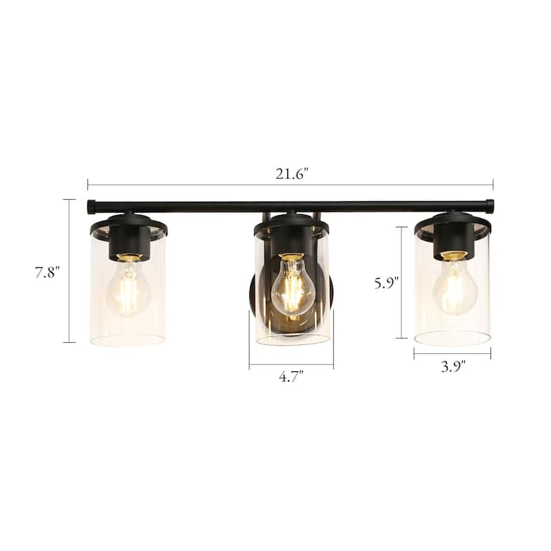Modern Farmhouse 3-Light Black Bathroom Vanity Lights Glass Wall Sconces - W 21.6" x L 7.8" x H 6.7"