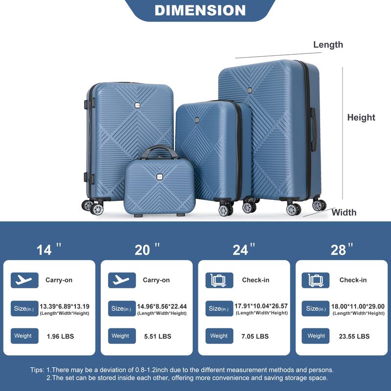 Carry On Luggage Set 4 Piece, High Quality ABS Lightweight Suitcase with Adjustable Pull Rod and Aircraft Wheel, for Women Men