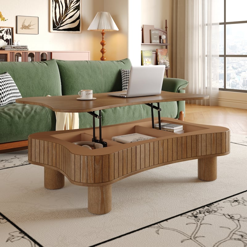 Lift Top Coffee Table for Living Room 42" Fluted Panel Hidden Storage, Silent Hydraulic Lift, Curved Safety Corners,Natural Wood - Walnut