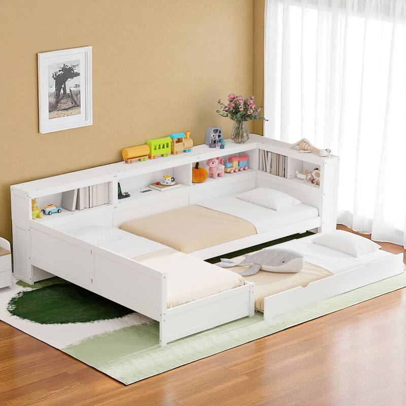 Twin Size L-Shaped Platform Bed with Trundle, Storage Drawer, Shelves, USB Charging Station, Solid Wood Frame