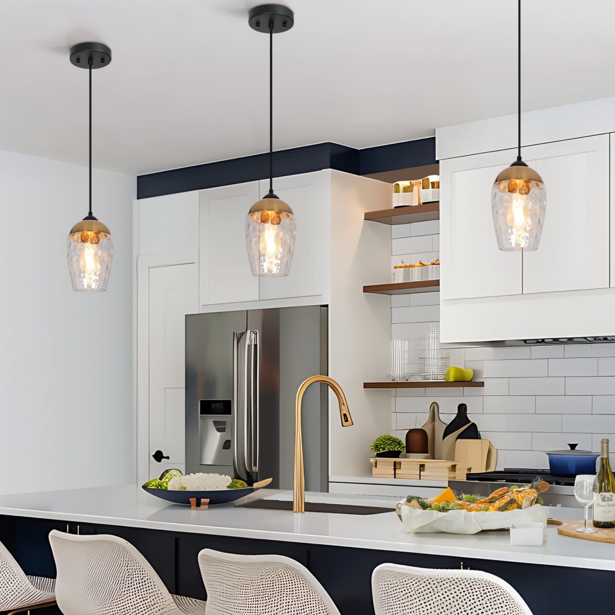 Modern Contemporary 1 Light Black and Gold Hammered Glass Pendant Light Fixtures for Kitchen Island