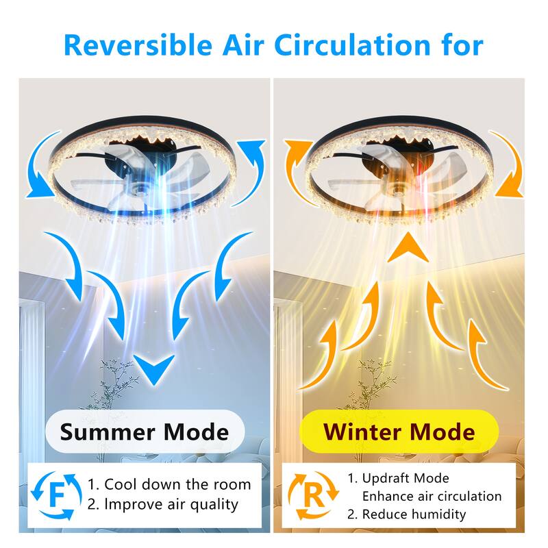 LunaDrift 16"20"24" Modern Black Crystal Smart Flush Mount Ceiling Fan with Light, Dimmable Bedroom Ceiling Fan w/Remote