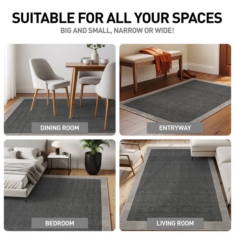 Modern Geometric Stripe Bordered Area Rug for Living Room, Bedroom, or Entryway - Low Pile Indoor Rug