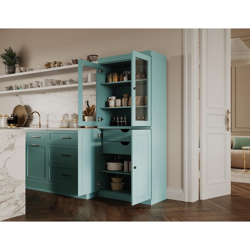 Palace Imports 100% Solid Wood Pantry Cabinet with Frosted, Clear Glass or Solid Doors, 2-Drawers and Adjustable Shelves - Aqua - Clear Glass-Solid