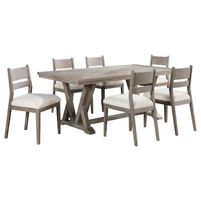 Elia 7pc Dining Table Set, Coastal Gray Hardwood, 6 Ivory White Chairs