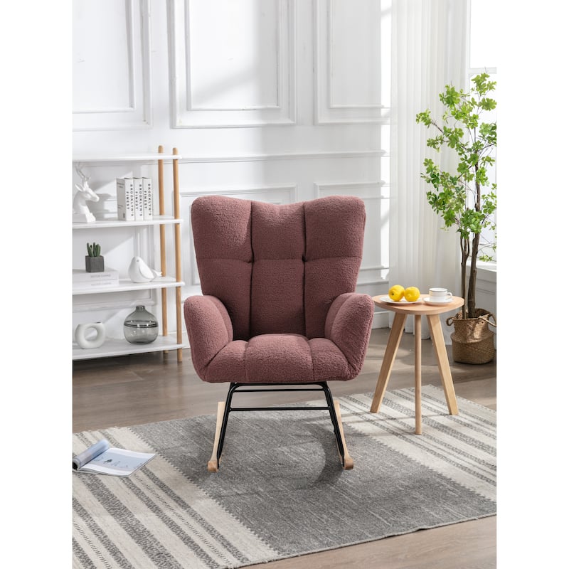 Modern 31.5" High Back Upholstered Buttons Tufted Rocking Chair with Solid Wood Legs and Black Paint Metal Base