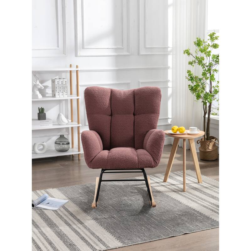 Teddy Fabric Upholstered Glider Rocker, Reading Chair with Thick Padded Seat, High Backrest Armchair with Wooden Legs