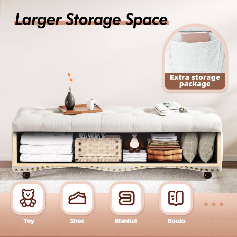 48.5" Tufted Storage Ottoman Bench with Nailhead Trims & 2 Large Side Pockets for Bedroom, Living Room, Entryway
