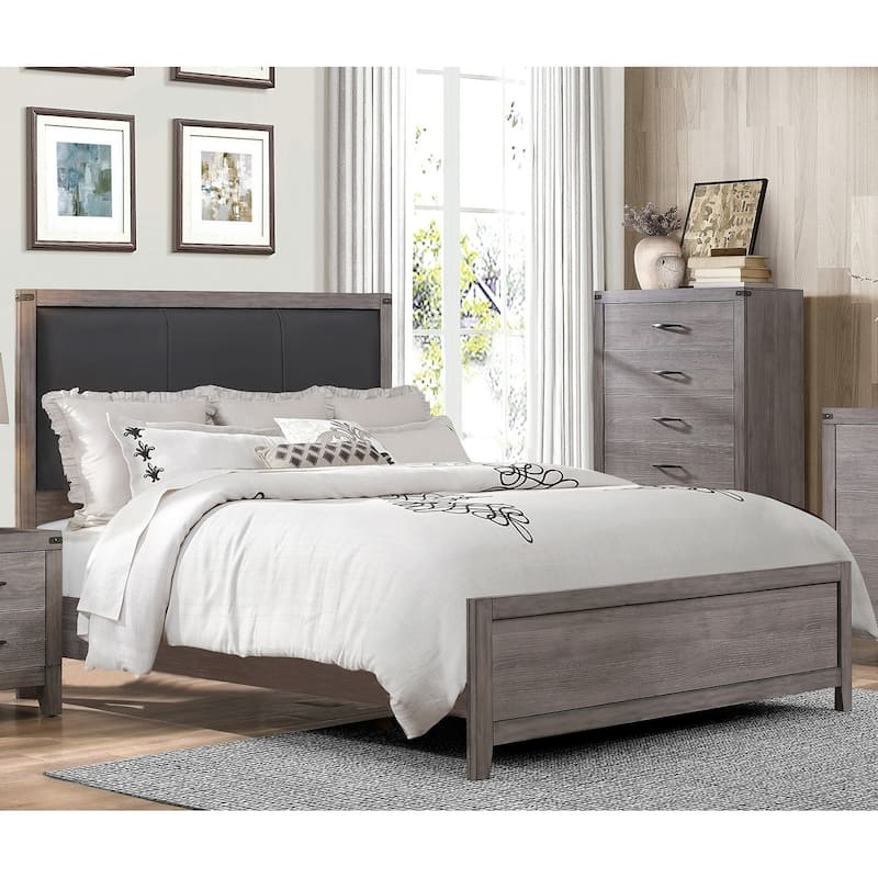 Industrial Design Brown and Gray Panel Bed with Faux Leather Headboard, Twin/Full Size Bedroom Furniture