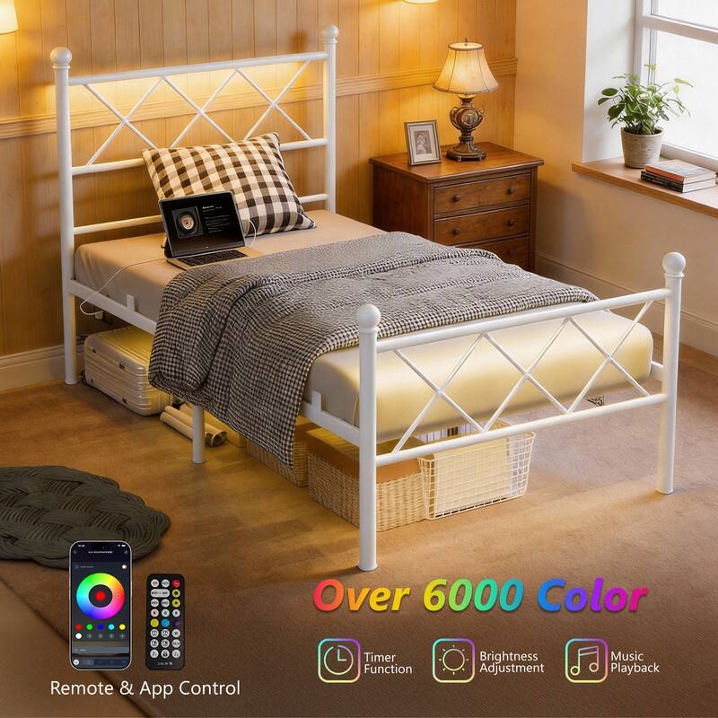 Twin Size Metal Platform Bed with RGB LED Lights,Charging Station,Heavy Duty,Remote and App Control,Under Bed Storage