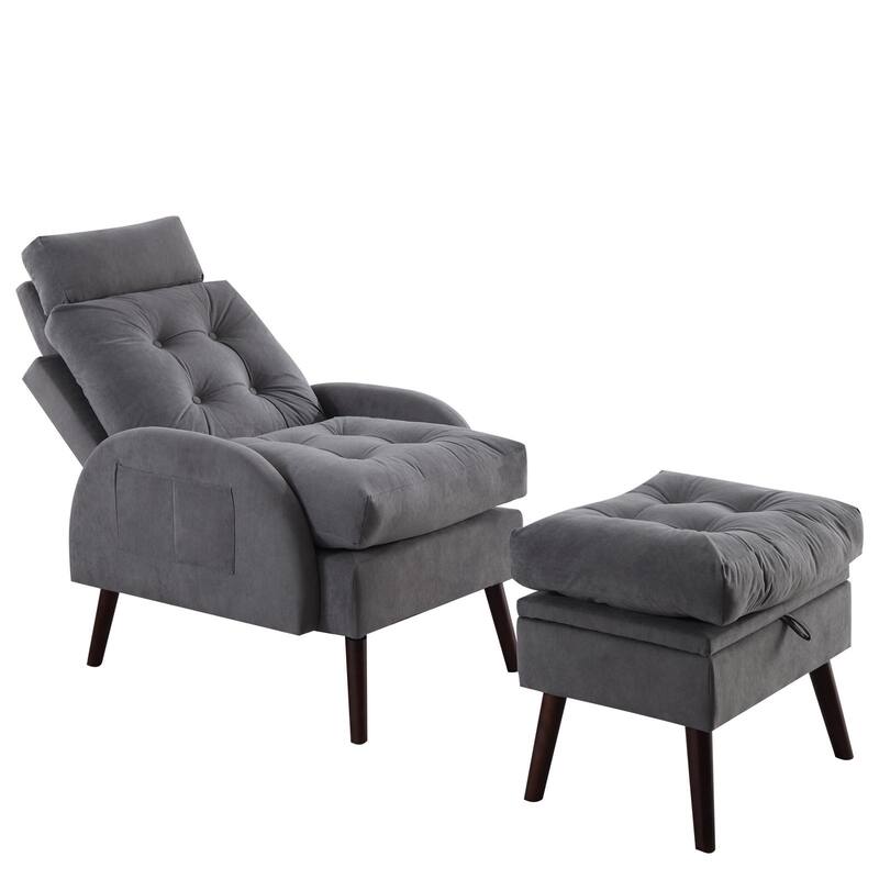 HOMYKA Upholstered Chaise Lounge Chair with Adjustable Backrest Storage Ottoman - Dark Grey