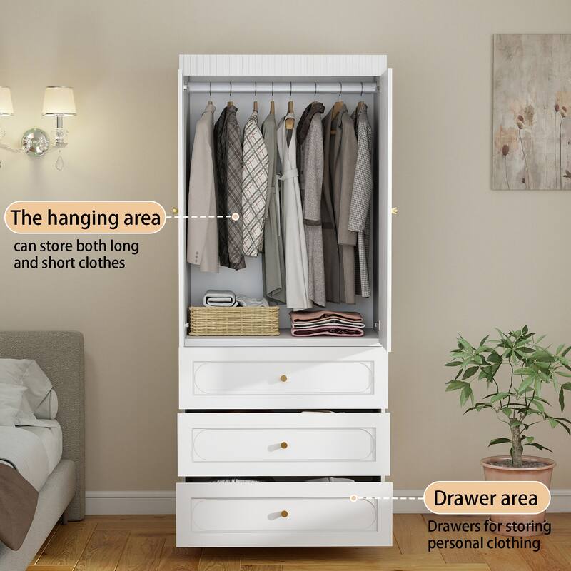 75" Wooden Armoire Wardrobe Closet with Doors, Drawers & Hanging Rod