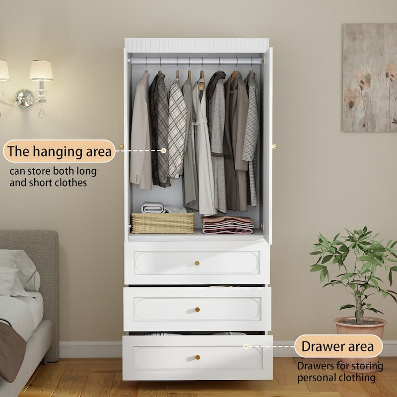 Large White Wardrobe Closet with Drawers & Doors, Modular Armoire with Hanging Rods, Apartment & Dorm Storage