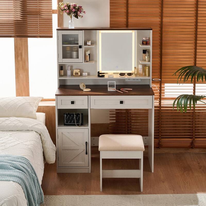 Farmhouse Makeup Vanity Desk with Mirror and Lights - White